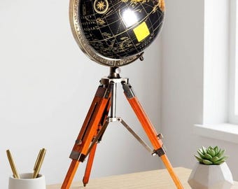 Vintage Desk Globe on Wooden Tripod World Globe Antique Style Nautical Office Tabletop Library Dining Decor Traveler Gift