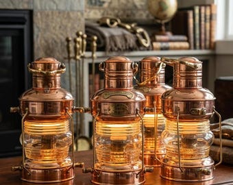 Set van 4 vintage nautische ankerlantaarns van 35,5 cm (14 inch), maritieme koperen olielamp, elektrische lamp, kustdecoratie, bruilofts-, restaurantverlichting, gepersonaliseerde decoratie