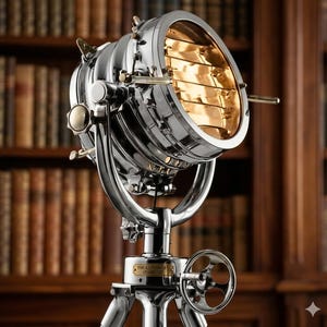May include: A polished chrome spotlight lamp with a gold-toned interior reflector and horizontal slats. The lamp is mounted on a tripod stand with a circular adjustment wheel and a small brass plaque reading THE EXPLORER'S QUARTERS.