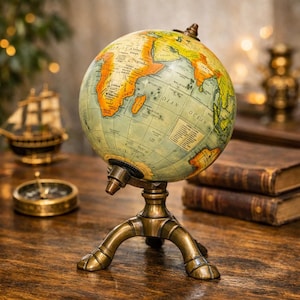 Peut inclure: Un globe terrestre de style vintage, avec une carte du monde détaillée, monté sur un support en bronze. Le globe présente un fond crème avec des continents en orange, vert et jaune. Le support a une base tripode.
