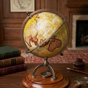 Vintage Desk Globe with Compass, World Globe on Wooden Base, Office brass Desk Decor Geographic Map world globe Executive Travel Gift