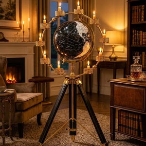 Peut inclure: Un globe terrestre sur pied composé d'une sphère noire aux continents blancs, monté sur un anneau métallique doré supportant neuf bougies allumées. L'ensemble repose sur un trépied noir et doré avec une plaque portant l'inscription VitnageGift.