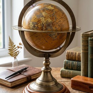 Könnte beinhalten: Ein Tischglobus mit einer beigefarbenen und braunen Karte mit schwarzer Schrift, montiert auf einem messingfarbenen Metallmeridianring und einem runden Ständer. Der Globus ruht auf einem gestuften Holzsockel und zeigt detaillierte geografische Linien.