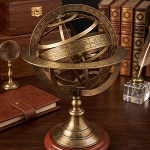 Puede incluir: Una esfera armilar de latón con anillos concéntricos que presentan signos del zodiaco grabados, incluyendo Aries, Tauro y Piscis. El modelo celeste está montado sobre una base circular de madera con un soporte metálico y marcas numéricas.