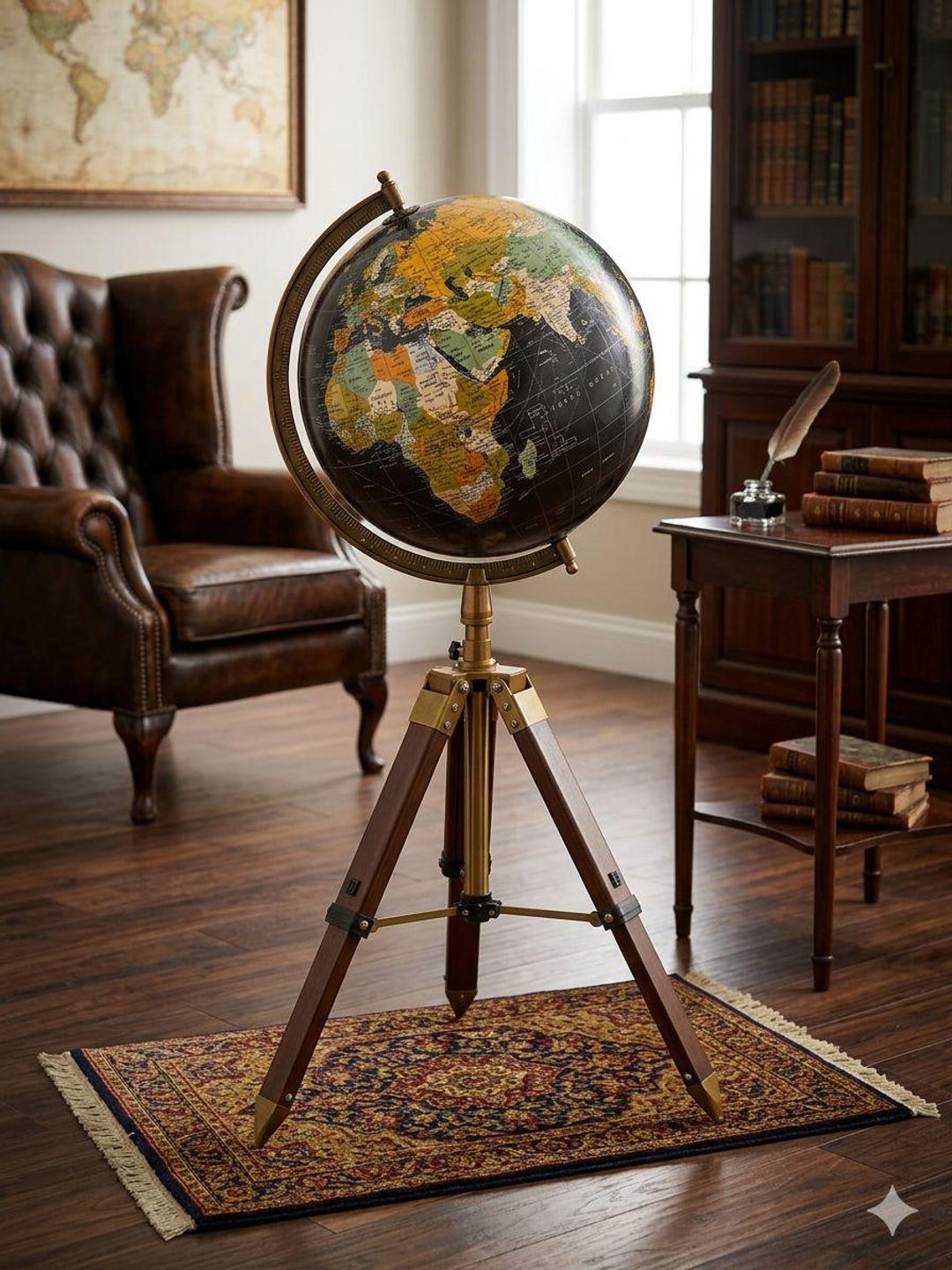 Vintage 45" Floor Standing World Globe Tripod Black Ocean Map Political ...