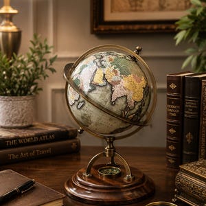 Puede incluir: Un globo terráqueo decorativo con una paleta de colores apagados en verdes, amarillos y rosas, montado sobre un anillo meridiano de metal color latón y una base circular de madera oscura. La base incluye una brújula integrada y muestra geografía.