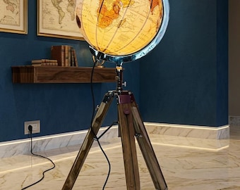 18” Vintage World Globe with Wooden Tripod Stand Illuminated Floor Globe, Retro Atlas Map Decor Office Study Decorative Personalized Gift