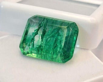 Puede incluir: Una gema de talla esmeralda, de color verde intenso y rico. La gema está facetada, mostrando patrones internos y refracción de la luz. Descansa sobre una superficie blanca, resaltando su claridad y color. La forma es rectangular.