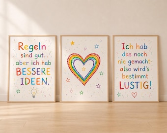 Kids' Room Poster Set of 3 – Pippi Longstocking Quotes & Rainbow Heart – Colorful Wall Art for Children – Motivational Sayings for Kids' Room Decor