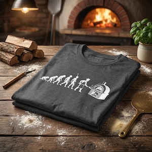 May include: Two dark grey t-shirts folded on a wooden table. The shirts display a white graphic showing the evolution of man, ending with a pizza chef and a brick oven. A pizza peel and basil plant are also in the image.