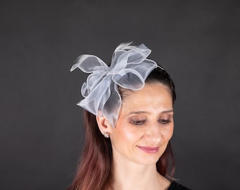 Organza Bow Hair Band. Fascinator Bow Style. Wedding Hat. Feathers. Occasion Hat. Ascot. Hair Accessories. Blue Organza Tiara. Bridal Gift.
