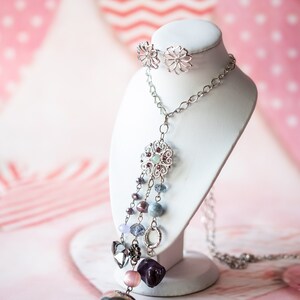 Charm Flower Silver Necklace and Earrings Set.Women Jewellery Set.Valentines Jewellery Gift.Long Charm Necklace.Flower Earrings.Gift for her