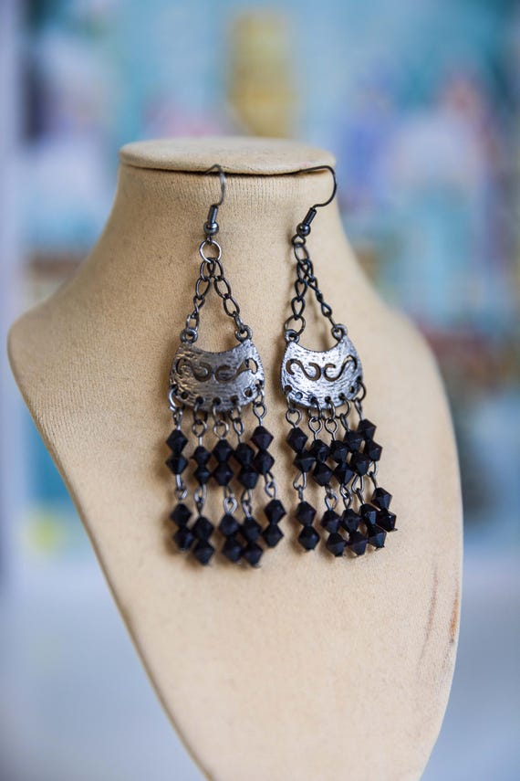 Dangling Earrings. Black Beads. Antique-silver Elements  display picture 2