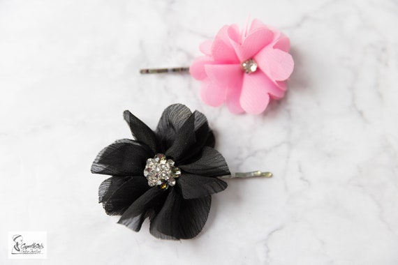 Set of Two Flower Hair Clips. Black and Pink Hair Clip Set  display picture 2