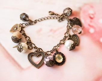 Charm Heart Vintage Style Bracelet. Love Heart Charm Bracelet. Multi Charms Bracelet. Women Jewellery. Gift for Valentine. Gift for Her