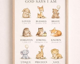 Gott sagt, ich bin biblische Affirmationen - Waldtier christliche Kinderzimmer Wandkunst
