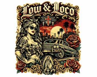 May include: A graphic illustration featuring the text Low & Loco at the top, a person with a bandana and sunglasses, a classic car, palm trees, a sunset, red roses, and religious iconography including crosses and a figure in a robe.
