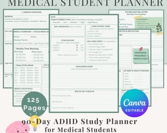 Planificador de TDAH para estudiantes de medicina / Estudio de 90 días (PDF, editable en Canva)
