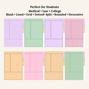 May include: A collection of colorful planner pages with various layouts, including lined, grid, and dotted designs. The text at the top reads "Perfect for Students" and lists "Medical, Law, College". The pages are in shades of purple, green, pink, and beige.