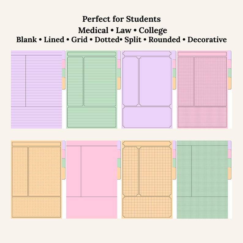 May include: A collection of colorful planner pages with various layouts, including lined, grid, and dotted designs. The text at the top reads "Perfect for Students" and lists "Medical, Law, College". The pages are in shades of purple, green, pink, and beige.