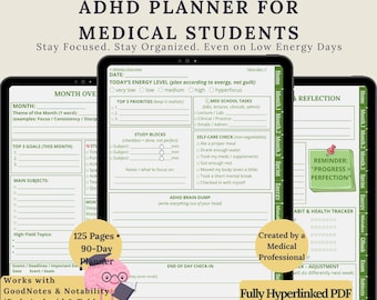 Planificador para estudiantes de medicina con TDAH / PDF interactivo de 90 días (Goodnotes, Notability)