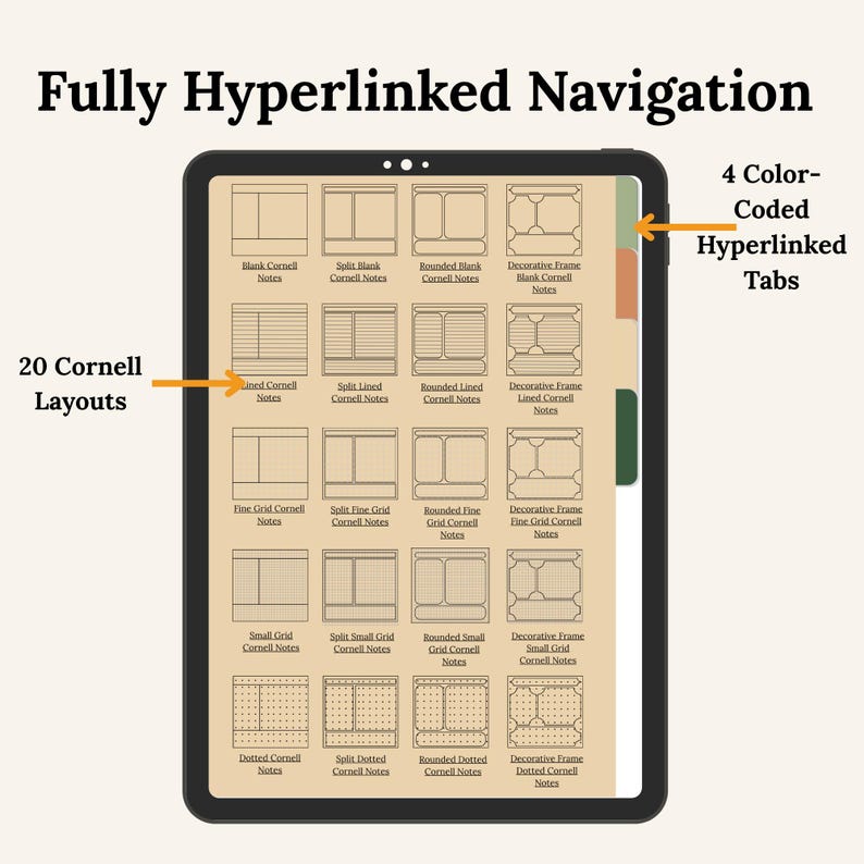 Hyperlinked Cornell Notebook | 20 Layouts, 4 Colors (Digital Download) image 2