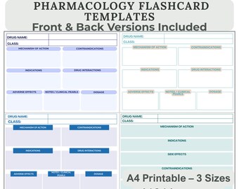 Tarjetas de estudio de farmacología / Plantillas imprimibles en PDF tamaño A4 para el estudio de fármacos (Descarga digital)