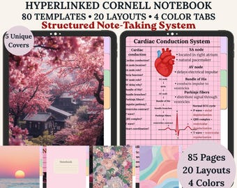 Cuaderno Cornell con hipervínculos / Planificador de estudio digital / Cuadrícula, líneas, puntos (descarga digital)