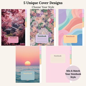 May include: Five notebooks with unique cover designs are displayed. The covers feature a Japanese landscape, floral patterns, abstract shapes, a sunset over the ocean, and a solid pink color. Each notebook has a label that says "Notebook".