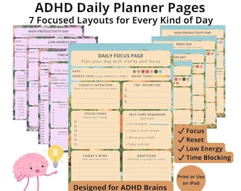 Planificador diario para TDAH / 7 diseños para concentrarse, organizar el tiempo y reiniciar (descarga digital)