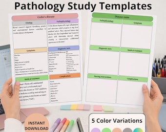 Plantilla de estudio de patología A4 / Hojas de resumen de enfermedades / Notas médicas imprimibles / 5 PDF a color / Plantilla de estudio para estudiantes de enfermería y medicina