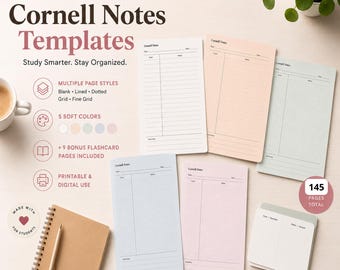 Paquete de plantillas minimalistas para tomar apuntes con el método Cornell / Páginas de estudio, tarjetas didácticas (descarga instantánea)