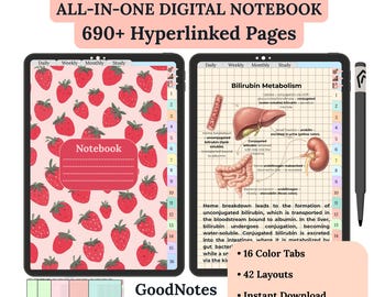 Hyperlinked Digital Notebook | 16 Color Tabs + Study Planner | GoodNotes & Notability | Cornell, Grid, Lined, Dotted