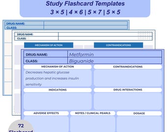 Plantillas de tarjetas de estudio de farmacología / Tarjetas de estudio para estudiantes de enfermería, farmacia y medicina / PDF imprimible 3×5, 4×6, 5×7, 5×5