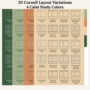 May include: An image presenting 20 Cornell layout variations in 4 calm study colours. The design features different note-taking templates, including blank, lined, grid, and dotted formats, with labels like "Blank Cornell Notes" and "Lined Cornell Notes".