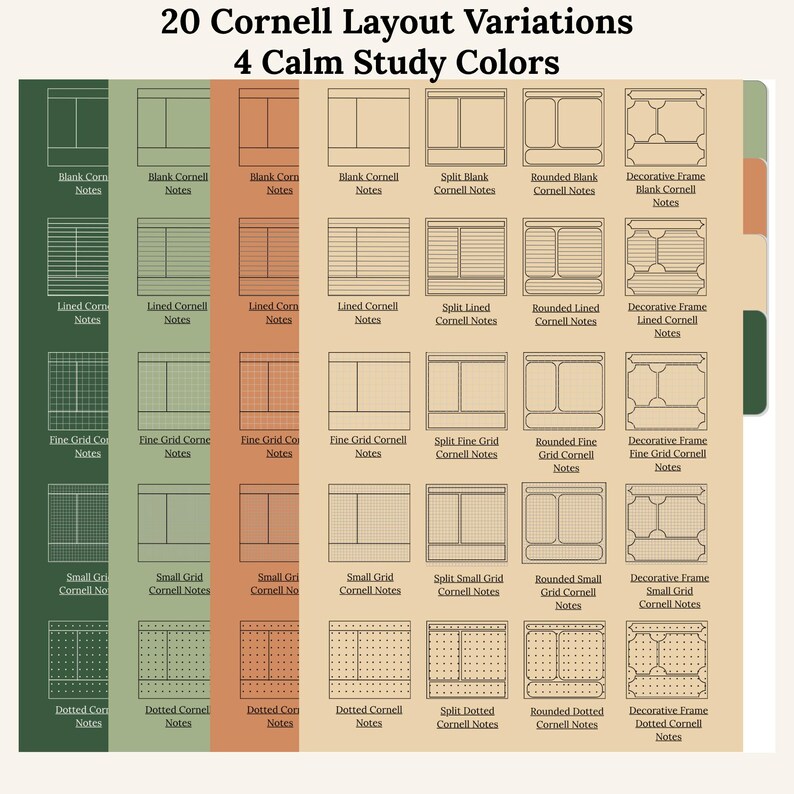 May include: An image presenting 20 Cornell layout variations in 4 calm study colours. The design features different note-taking templates, including blank, lined, grid, and dotted formats, with labels like "Blank Cornell Notes" and "Lined Cornell Notes".