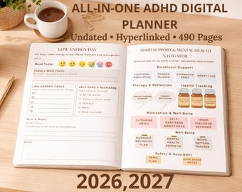 Agenda digital todo en uno para TDAH 2026 y 2027, organizador de vida con hipervínculos sin fecha, planificador de vida, planificador para TDAH con hipervínculos completos