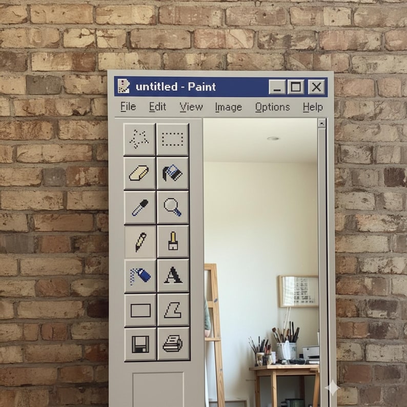 May include: A rectangular mirror framed in light gray, designed to resemble the classic Windows Paint application interface. The mirror features a toolbar with various icons and the title "untitled - Paint". The background is a brick wall.