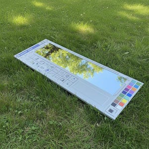 May include: A rectangular mirror designed to resemble the classic Microsoft Paint interface, complete with a toolbar, color palette, and a reflective surface. The mirror is light gray and reflects the sky and trees.