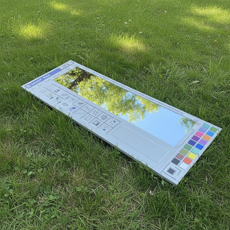May include: A rectangular mirror designed to resemble the classic Microsoft Paint interface, complete with a toolbar, color palette, and a reflective surface. The mirror is light gray and reflects the sky and trees.