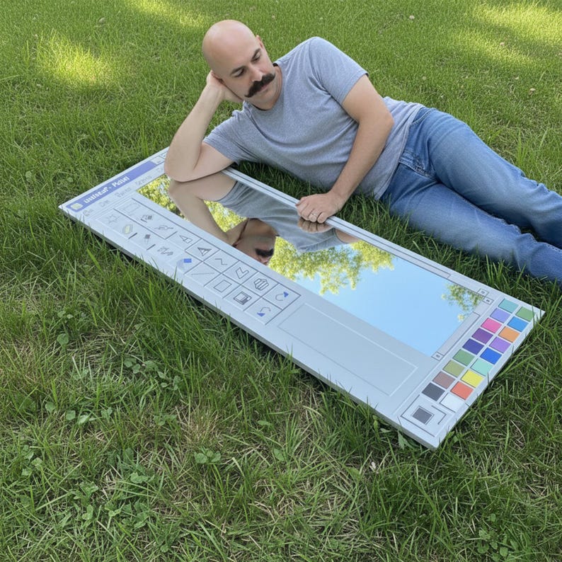 May include: A large rectangular mirror designed to resemble the Microsoft Paint interface, complete with icons, color palette, and a title bar. The mirror is lying on green grass.