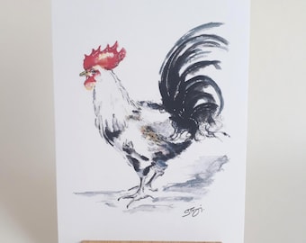 Tarjeta de Pascua, tarjeta de felicitación, cumpleaños, gallo, postal, acuarela pintada a mano.