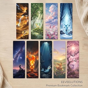 May include: A collection of nine rectangular bookmarks featuring various Eeveelution characters in distinct environments, including stormy, forest, floral, snowy, cosmic, volcanic, aquatic, meadow, and cherry blossom scenes, with the text EEVEELUTIONS Premium Bookmark Collection.