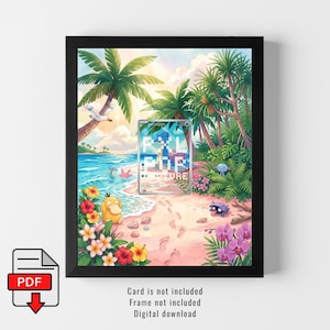 May include: A framed art print depicting a tropical beach scene with cartoon characters, palm trees, and colorful flowers. The print includes the text "PXL POP CULTURE" and is set against a blue ocean and sandy beach.