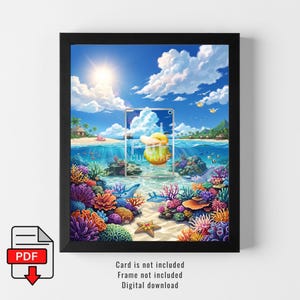 Könnte beinhalten: Ein gerahmter Digitaldruck mit einer lebendigen Unterwasserszene, bunten Korallenriffen, einem sandigen Meeresboden und einer gelben, entenartigen Kreatur. Im Hintergrund ist ein tropischer Strand unter einem blauen Himmel mit dem Text POP CULTURE.