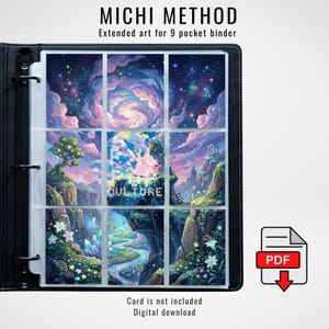 May include: A black 9-pocket binder containing extended art inserts featuring a vibrant fantasy landscape with a swirling nebula sky, glowing flora, and a central pink creature. The text MICHI METHOD and EVIL PUF CULTURE is visible on the display.