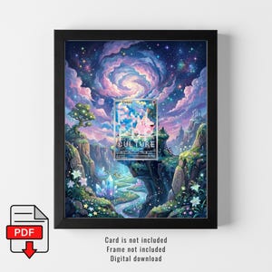 Puede incluir: Una impresión artística enmarcada que presenta un paisaje de fantasía con un río, montañas y un cielo nublado. Una tarjeta coleccionable con la palabra "CULTURE" está superpuesta a la imagen. La impresión está en un marco negro.