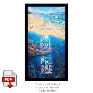 Könnte beinhalten: Digitaler Download mit einer lebendigen Unterwasserszene mit Korallen, Fischen und zwei Sammelkarten. Die Karten zeigen den Text "PXL POP CULTURE" und Kartendetails. Das Kunstwerk ist schwarz gerahmt, mit einem PDF-Symbol in der Ecke.