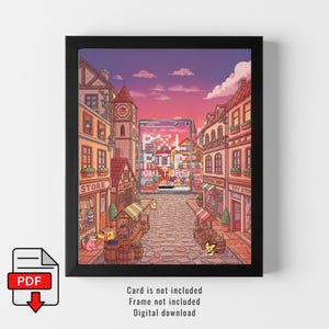 Puede incluir: Una impresión enmarcada que presenta una colorida ilustración de un pueblo de estilo europeo con tiendas y calles empedradas. Un dispositivo digital muestra gráficos pixelados. El cielo tiene un degradado de rosa a morado. La impresión está en un marco negro.