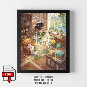 May include: A framed digital print featuring a cozy interior scene with a reading nook, bookshelves, and a window overlooking a landscape. A Pokémon card is in the center of the image. The print is a digital download.